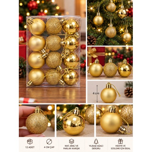 12'li Set 4 CM Gold Yılbaşı Ağacı Süsü – Mat, Simli ve Parlak Karışık Çam Ağacı Topu Noel Süsü