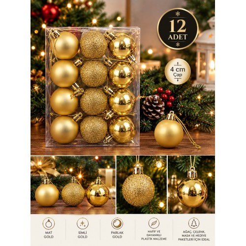 12'li Set 4 CM Gold Yılbaşı Ağacı Süsü – Mat, Simli ve Parlak Karışık Çam Ağacı Topu Noel Süsü