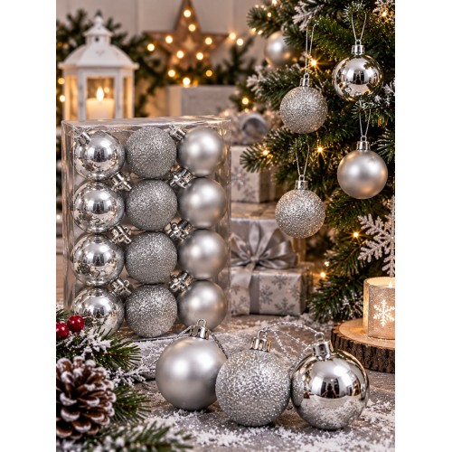 12'li Set 4 CM Gümüş Yılbaşı Ağacı Süsü – Mat, Simli ve Parlak Karışık Çam Ağacı Topu Noel Süsü