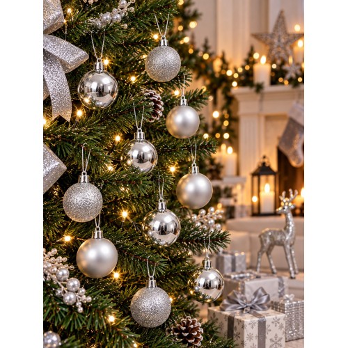 12'li Set 4 CM Gümüş Yılbaşı Ağacı Süsü – Mat, Simli ve Parlak Karışık Çam Ağacı Topu Noel Süsü