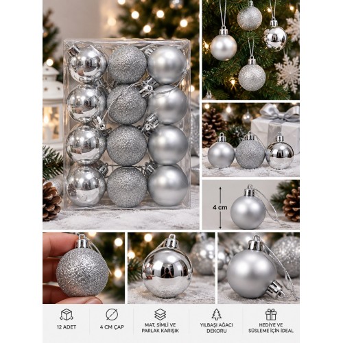 12'li Set 4 CM Gümüş Yılbaşı Ağacı Süsü – Mat, Simli ve Parlak Karışık Çam Ağacı Topu Noel Süsü