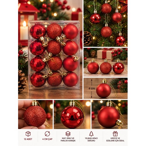 12'li Set 4 CM Kırımızı Yılbaşı Ağacı Süsü – Mat, Simli ve Parlak Karışık Çam Ağacı Topu Noel Süsü