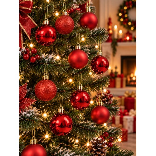 12'li Set 4 CM Kırımızı Yılbaşı Ağacı Süsü – Mat, Simli ve Parlak Karışık Çam Ağacı Topu Noel Süsü