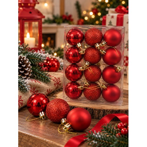 12'li Set 4 CM Kırımızı Yılbaşı Ağacı Süsü – Mat, Simli ve Parlak Karışık Çam Ağacı Topu Noel Süsü