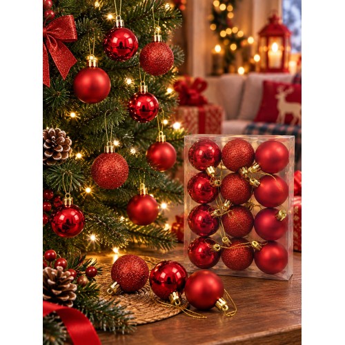 12'li Set 4 CM Kırımızı Yılbaşı Ağacı Süsü – Mat, Simli ve Parlak Karışık Çam Ağacı Topu Noel Süsü
