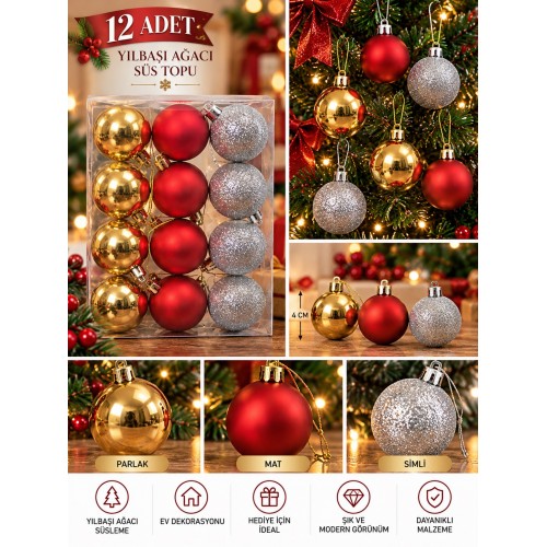 12'li Set 4 CM Karışık Yılbaşı Ağacı Süsü – Mat, Simli ve Parlak Karışık Çam Ağacı Topu Noel Süsü