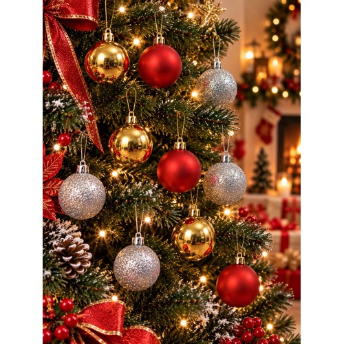12'li Set 4 CM Karışık Yılbaşı Ağacı Süsü – Mat, Simli ve Parlak Karışık Çam Ağacı Topu Noel Süsü
