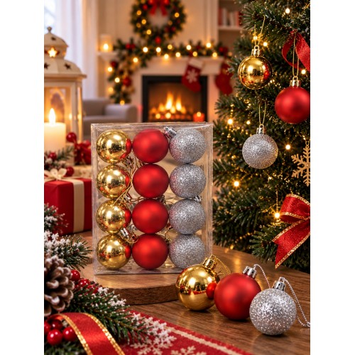 12'li Set 4 CM Karışık Yılbaşı Ağacı Süsü – Mat, Simli ve Parlak Karışık Çam Ağacı Topu Noel Süsü
