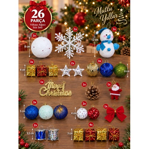 26 Parça Yılbaşı Ağacı Süsleme Seti Noel Dekoru Çam Ağacı Süsü Karışık Renkli Yılbaşı Süsleri