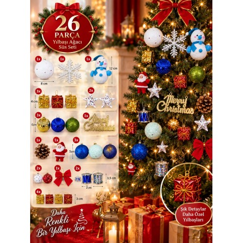 26 Parça Yılbaşı Ağacı Süsleme Seti Noel Dekoru Çam Ağacı Süsü Karışık Renkli Yılbaşı Süsleri