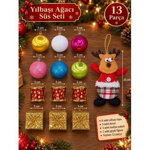 13 Parça Yılbaşı Ağacı Süs Seti Renkli Top Davul Hediye Paketi Geyik Figürlü Noel Yılbaşı Ağacı Süsü