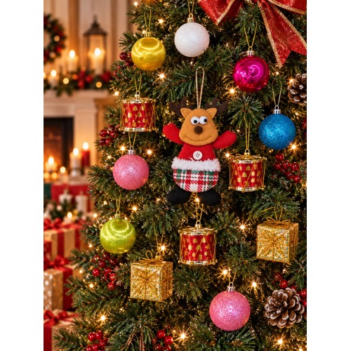 13 Parça Yılbaşı Ağacı Süs Seti Renkli Top Davul Hediye Paketi Geyik Figürlü Noel Yılbaşı Ağacı Süsü