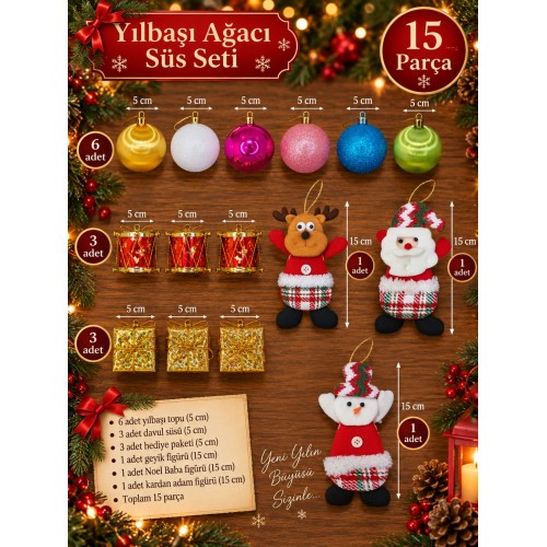15 Parça Yılbaşı Ağacı Süs Seti Renkli Top Davul Hediye Paketi Noel Baba Kardan Adam Geyik Peluş