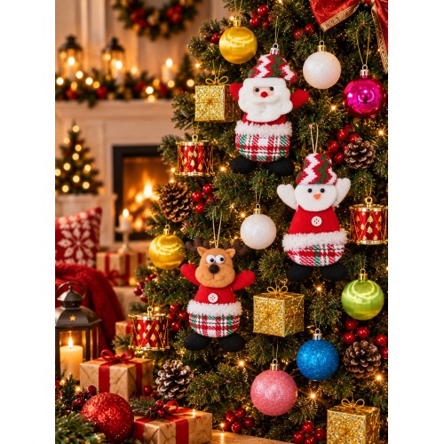 15 Parça Yılbaşı Ağacı Süs Seti Renkli Top Davul Hediye Paketi Noel Baba Kardan Adam Geyik Peluş