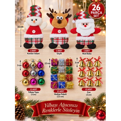 26 Parça Yılbaşı Ağacı Süs Seti Noel Baba Kardan Adam Geyik Top Çan Hediye Paketi Dekorasyon