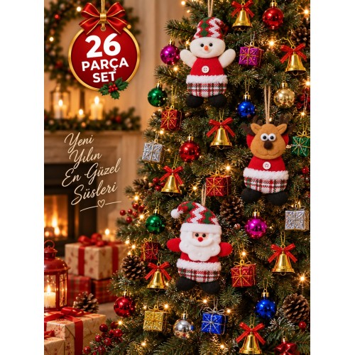 26 Parça Yılbaşı Ağacı Süs Seti Noel Baba Kardan Adam Geyik Top Çan Hediye Paketi Dekorasyon