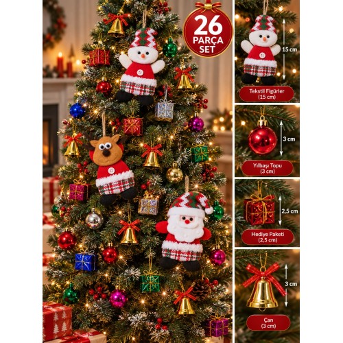 26 Parça Yılbaşı Ağacı Süs Seti Noel Baba Kardan Adam Geyik Top Çan Hediye Paketi Dekorasyon