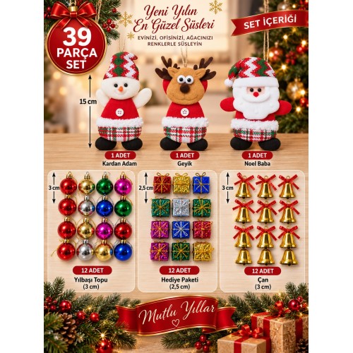 39 Parça Yılbaşı Ağacı Süs Seti Noel Baba Kardan Adam Geyik Top Çan Hediye Paketi Dekorasyon