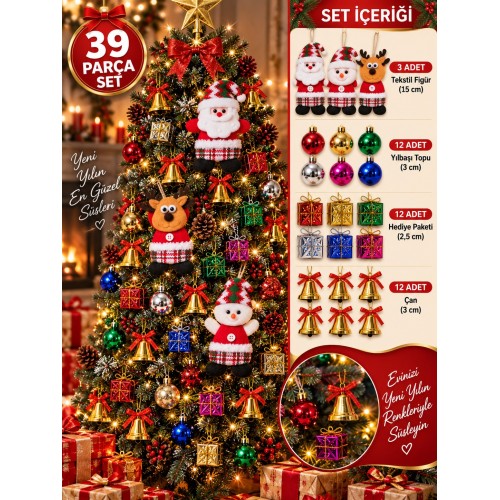 39 Parça Yılbaşı Ağacı Süs Seti Noel Baba Kardan Adam Geyik Top Çan Hediye Paketi Dekorasyon