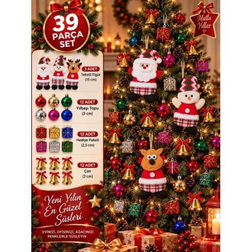 39 Parça Yılbaşı Ağacı Süs Seti Noel Baba Kardan Adam Geyik Top Çan Hediye Paketi Dekorasyon