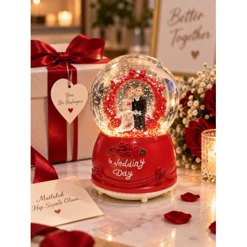 Işıklı Müzikli Kar Küresi – 12 cm Gelin Damat Temalı Dekoratif Sevgiliye Eşe Hediyelik