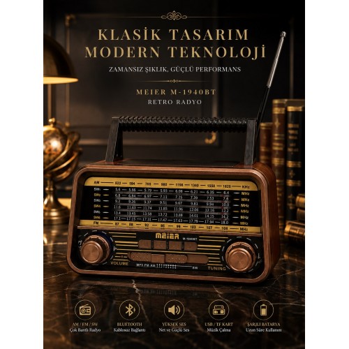 Retro Radyo Bluetoothlu Nostaljik Yüksek Ses Çıkışlı - Şarjlı Radyo MP3 Müzik Çalar MEIER M-1940BT 