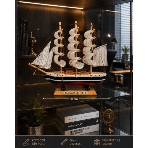 Kişiye Özel Ahşap Dekoratif Yelkenli Gemi Maketi Büyük Boy 30 x 30 CM – Premium Hediyelik 530A