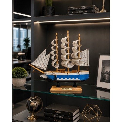Kişiye Özel Ahşap Dekoratif  Yelkenli Gemi Maketi 24 x 24 CM – Premium Ofis Masası Dekoru 529C