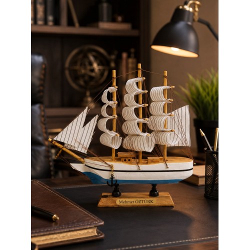 Kişiye İsme Özel El Yapımı Ahşap Yelkenli Gemi Maketi 24 x 24 CM – Premium Masa Üstü Hediyelik 529A