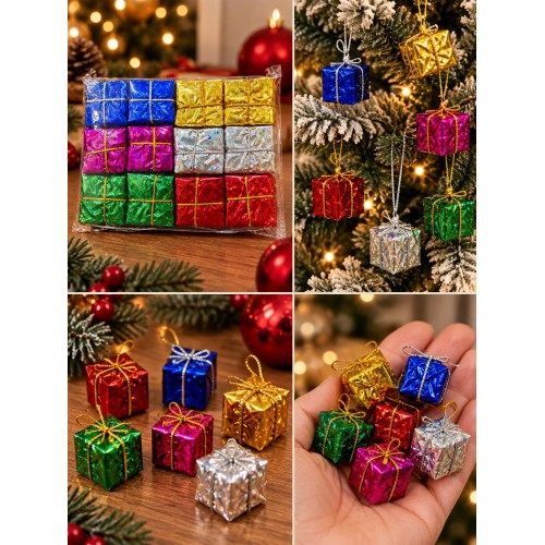 12'li  Adet 3 cm Yılbaşı Ağacı Süsü Mini Hediye Paketi Süsleri Renkli Noel Ağacı Dekoru