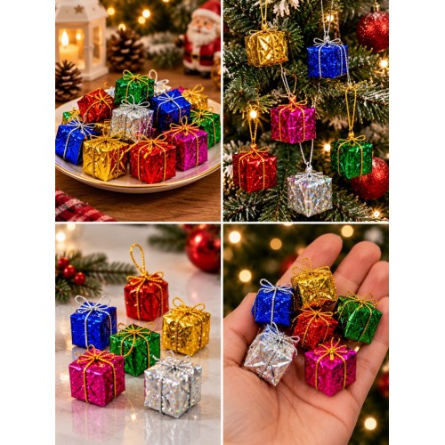 12'li  Adet 3 cm Yılbaşı Ağacı Süsü Mini Hediye Paketi Süsleri Renkli Noel Ağacı Dekoru