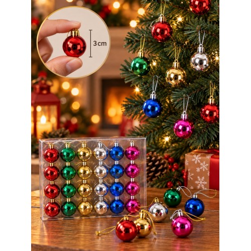 Mini Yılbaşı Ağacı Süsleme Topu 3 cm 24'lü Set Renkli Noel Ağacı Çam Süsü