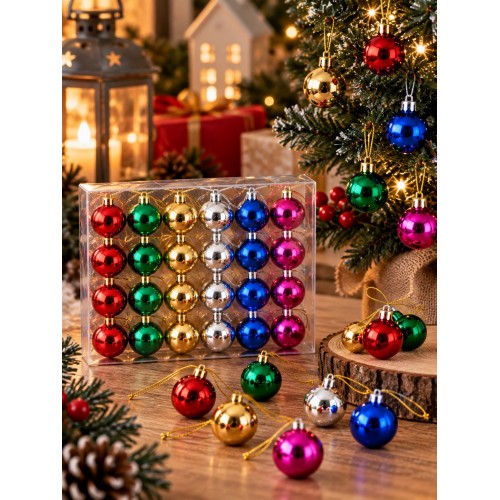 Mini Yılbaşı Ağacı Süsleme Topu 3 cm 24'lü Set Renkli Noel Ağacı Çam Süsü