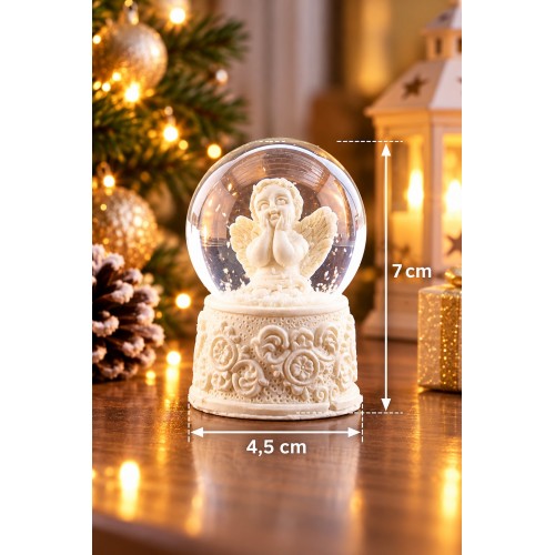 RGB LED Işıklı Melek Figürlü Mini Kar Küresi Kalp Kutulu Dekoratif Hediye 7 cm