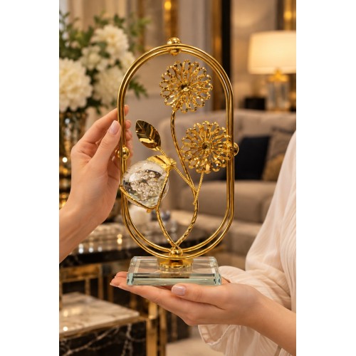 Gold Çiçek Figürlü Kristal Küreli Metal Cam Dekoratif Obje Şık Masa ve Konsol Süsü 21 X 10 cm