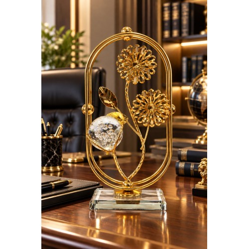 Gold Çiçek Figürlü Kristal Küreli Metal Cam Dekoratif Obje Şık Masa ve Konsol Süsü 21 X 10 cm
