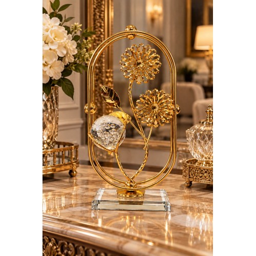 Gold Çiçek Figürlü Kristal Küreli Metal Cam Dekoratif Obje Şık Masa ve Konsol Süsü 21 X 10 cm