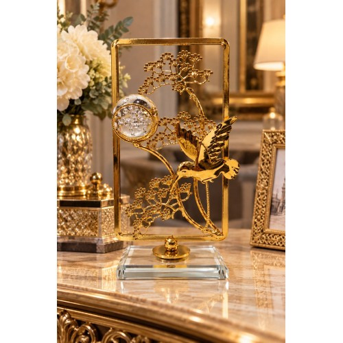 Gold Sinek Kuşu Figürlü Kristal Küreli Metal Cam Dekoratif Obje 21 x 10 cm Şık Masa ve Konsol Süsü