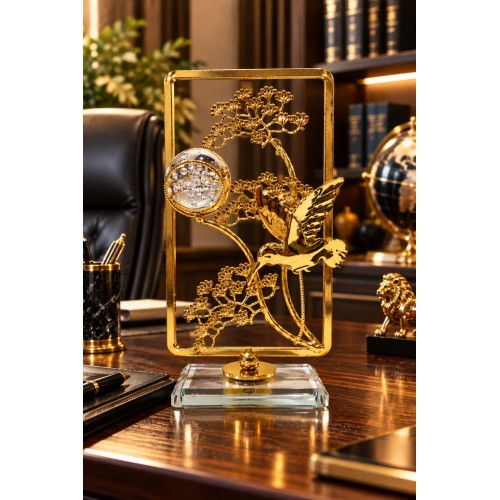 Gold Sinek Kuşu Figürlü Kristal Küreli Metal Cam Dekoratif Obje 21 x 10 cm Şık Masa ve Konsol Süsü