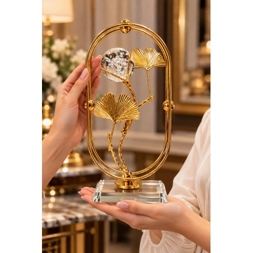 Gold Ginkgo Yapraklı Kristal Küreli Metal Cam Dekoratif Obje 21x10 cm Şık Masa Süsü