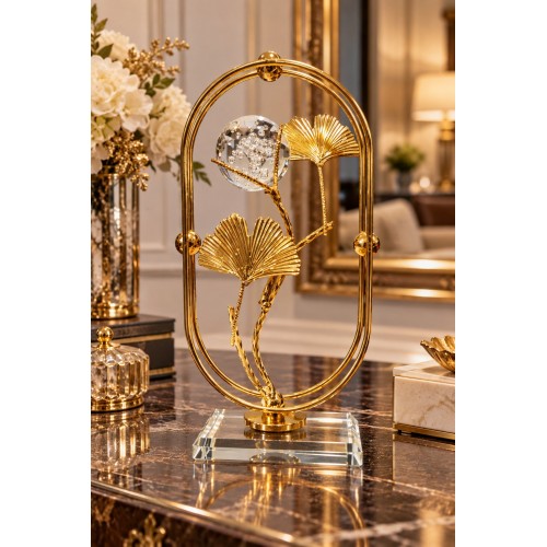 Gold Ginkgo Yapraklı Kristal Küreli Metal Cam Dekoratif Obje 21x10 cm Şık Masa Süsü