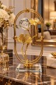 Gold Ginkgo Yapraklı Kristal Küreli Metal Cam Dekoratif Obje 21x10 cm Şık Masa Süsü