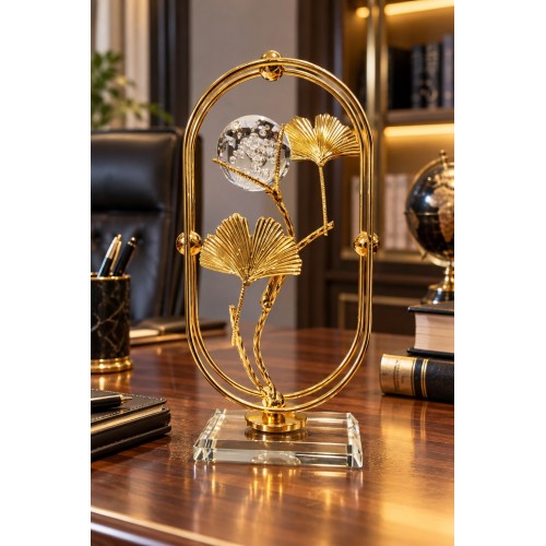 Gold Ginkgo Yapraklı Kristal Küreli Metal Cam Dekoratif Obje 21x10 cm Şık Masa Süsü