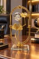 Gold Ginkgo Yapraklı Kristal Küreli Metal Cam Dekoratif Obje 21x10 cm Şık Masa Süsü