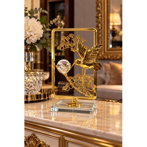 Dekoratif Gold Metal Cam Kuş Figürlü Biblo – Şık Ev ve Ofis Dekorasyonu 17x10 cm