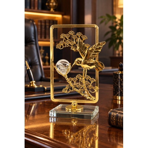 Dekoratif Gold Metal Cam Kuş Figürlü Biblo – Şık Ev ve Ofis Dekorasyonu 17x10 cm