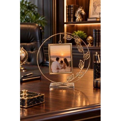 Gold Yaprak Desenli Dekoratif Fotoğraf Çerçevesi 27x26 cm Şık Metal Resimlik