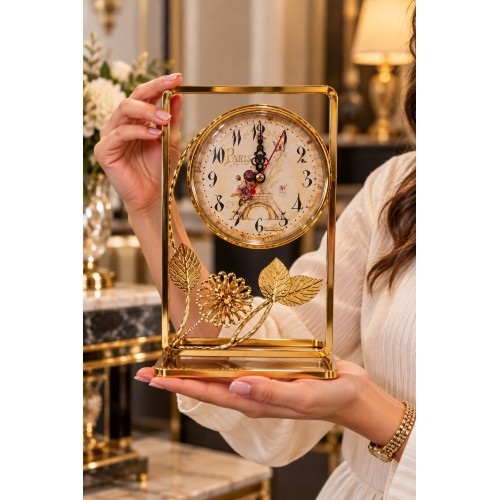Dekoratif Metal Masa Saati Gold Paris Temalı Çiçekli Şık Tasarım 24x14 cm