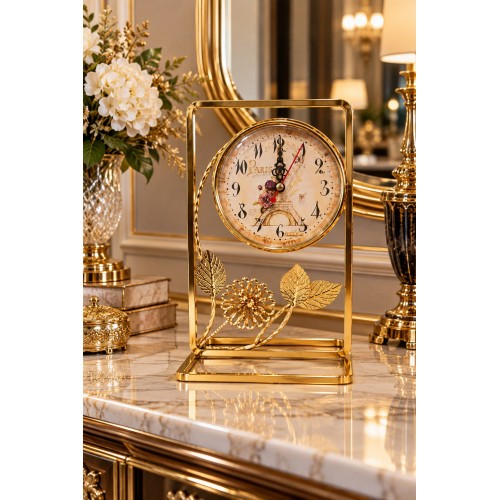 Dekoratif Metal Masa Saati Gold Paris Temalı Çiçekli Şık Tasarım 24x14 cm