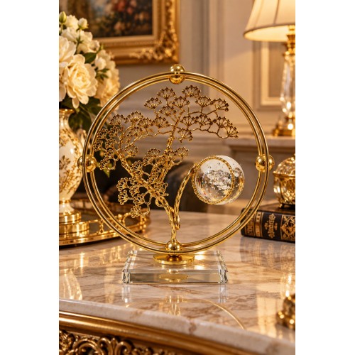 Gold Metal Dekorasyon Ürünü 18x18 cm Cam Küreli Zarif Salon Aksesuarı